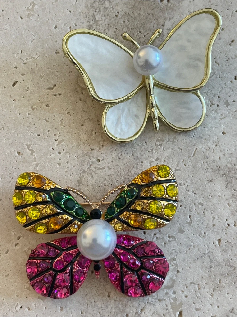 Butterfly Brooch Bundle Lot 2 Mother of Pearl & Multicolor Rhinestone Statement